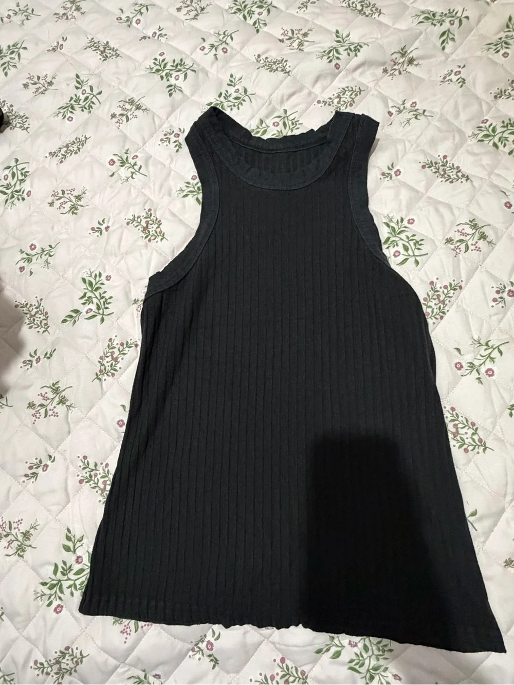 Free People Black Ribbed Muscle Tee with Small White Embellishment